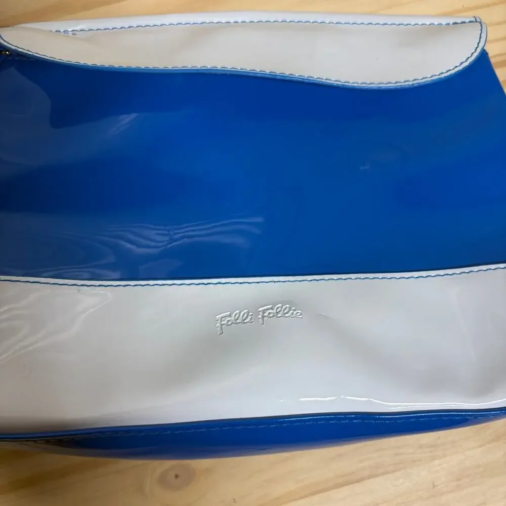 Folli Follie Womens Full Zip Cosmetic Bag Mini Pouch Blue White Colorblock